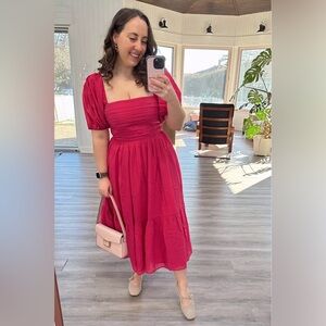 Abercrombie & Fitch Emerson Linen-Blend Puff Sleeve Midi Dress in Coral Pink